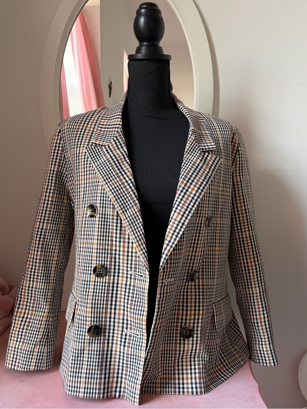 New York & Company Black, White & Tan Plaid Double-Breasted Blazer